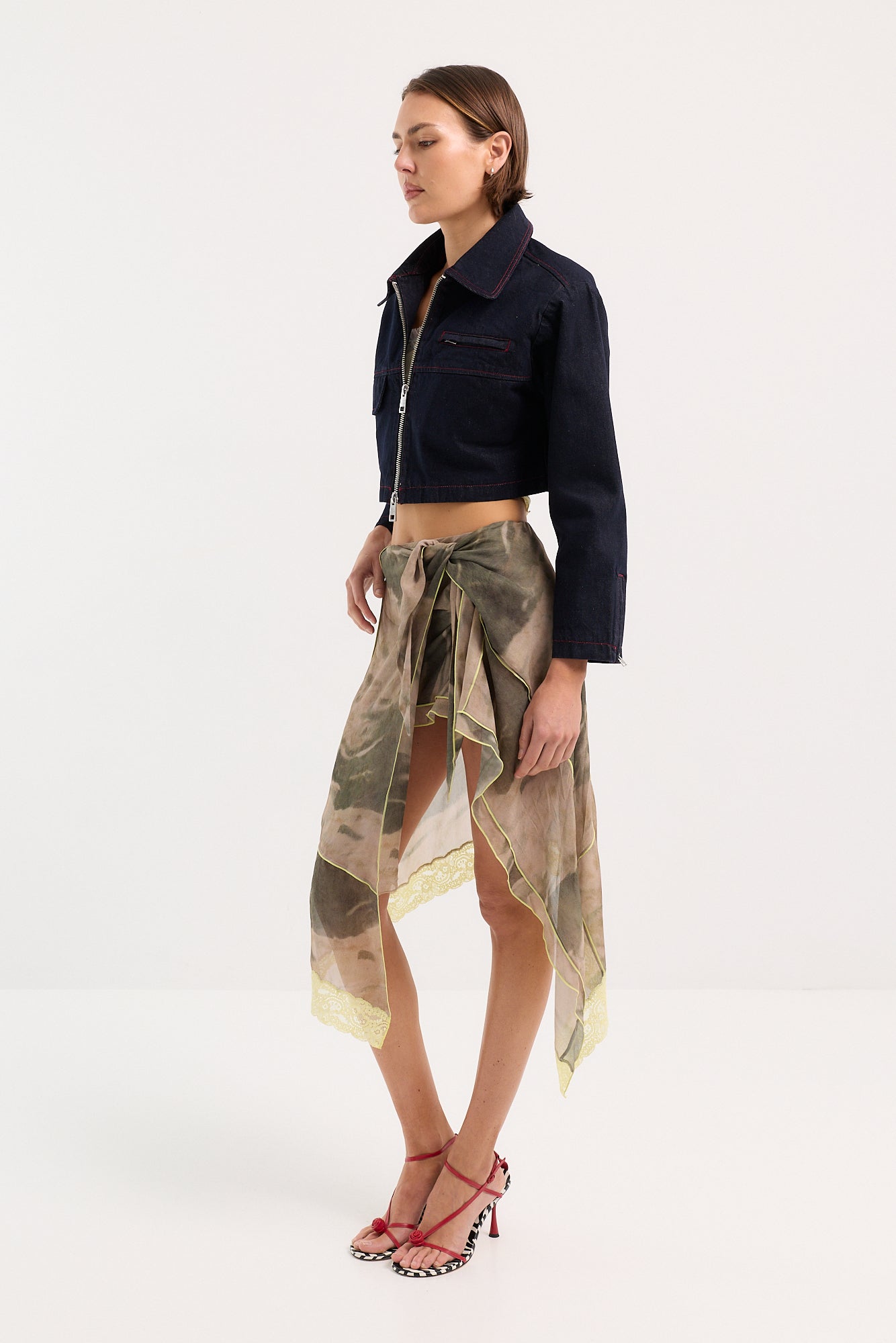 Cropped Zip Thru Denim Jacket