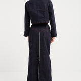 Zip Thru Denim Midi Skirt