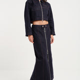 Zip Thru Denim Midi Skirt