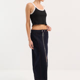 Zip Thru Denim Midi Skirt