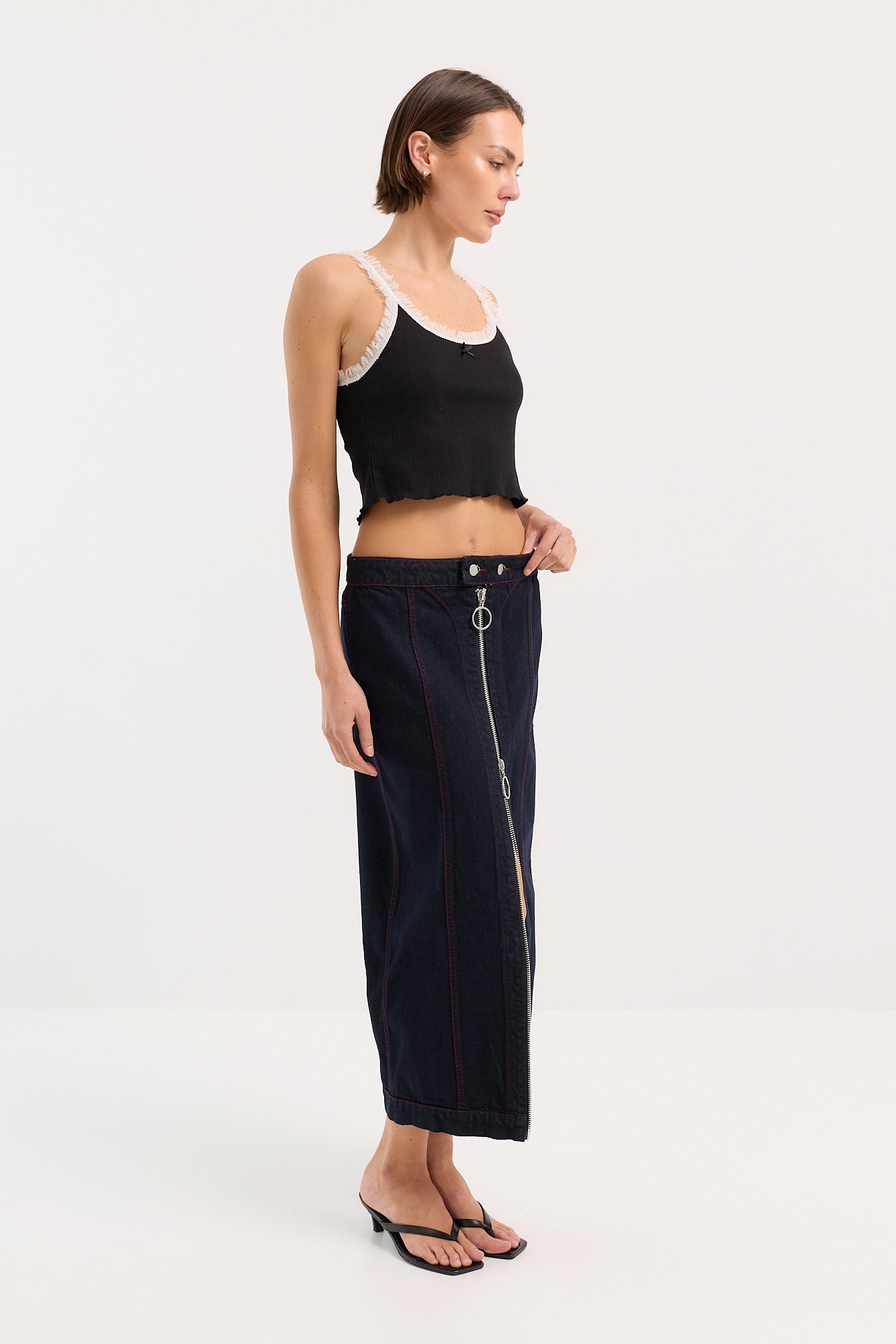 Zip Thru Denim Midi Skirt