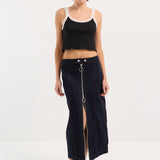 Zip Thru Denim Midi Skirt