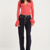 Frill Sleeve Top Coral Red