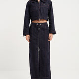 Zip Thru Denim Midi Skirt