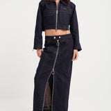 Zip Thru Denim Midi Skirt
