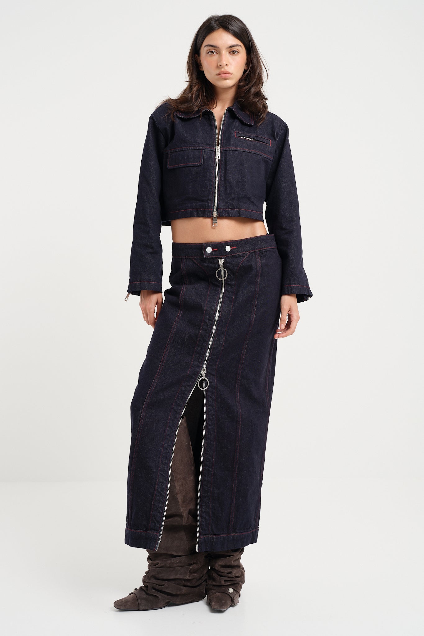 Zip Thru Denim Midi Skirt
