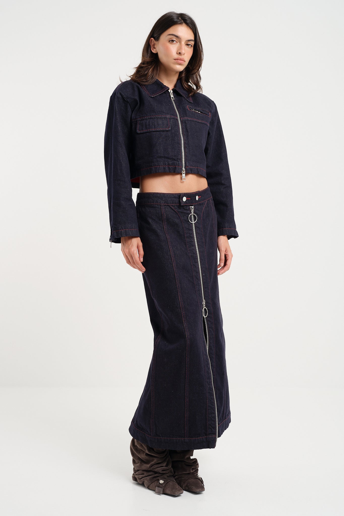 Cropped Zip Thru Denim Jacket