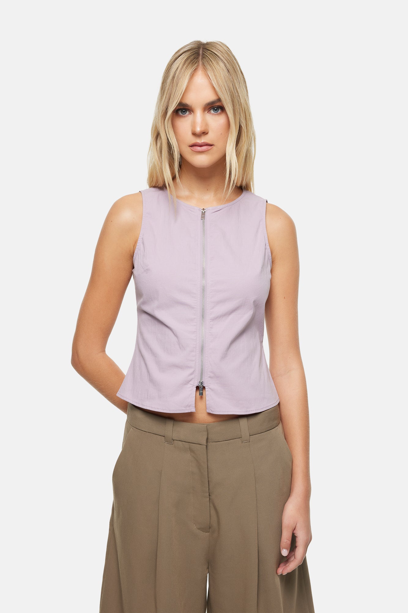 Zip Up Sleeveless Top Lilac